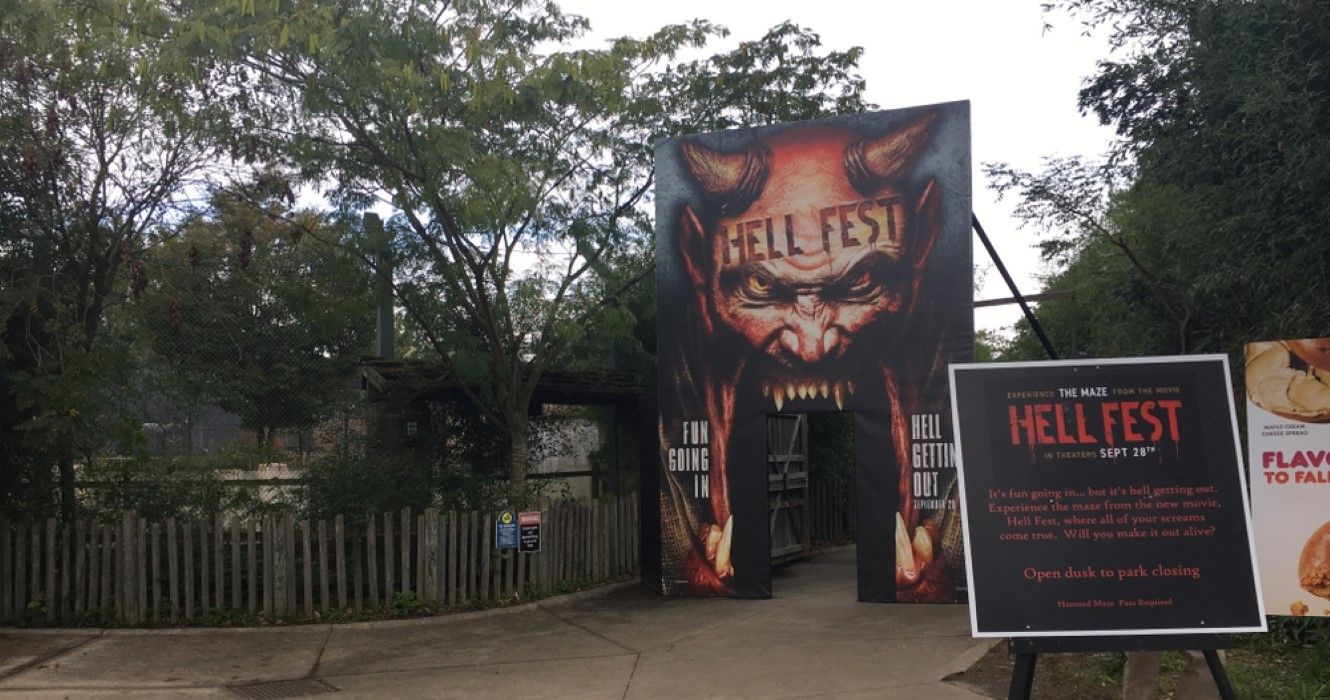 Entrance to the Hell Fest haunted attraction at Six Flags Great Adventure during their annual Fright Fest