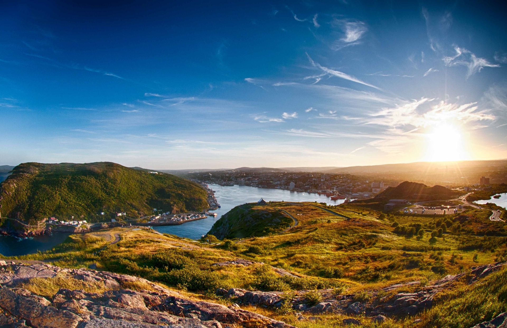 View of sunset over St. John’s from Canada Signal Hill National Historic Site, Newfoundland, Canada 