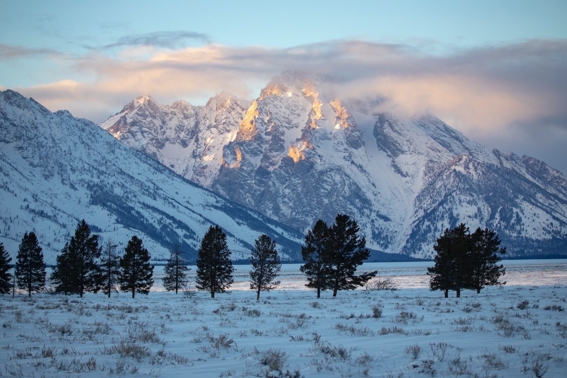 Snowy landscape and mountains in Grand Teton National Park, Jackson Hole, USA