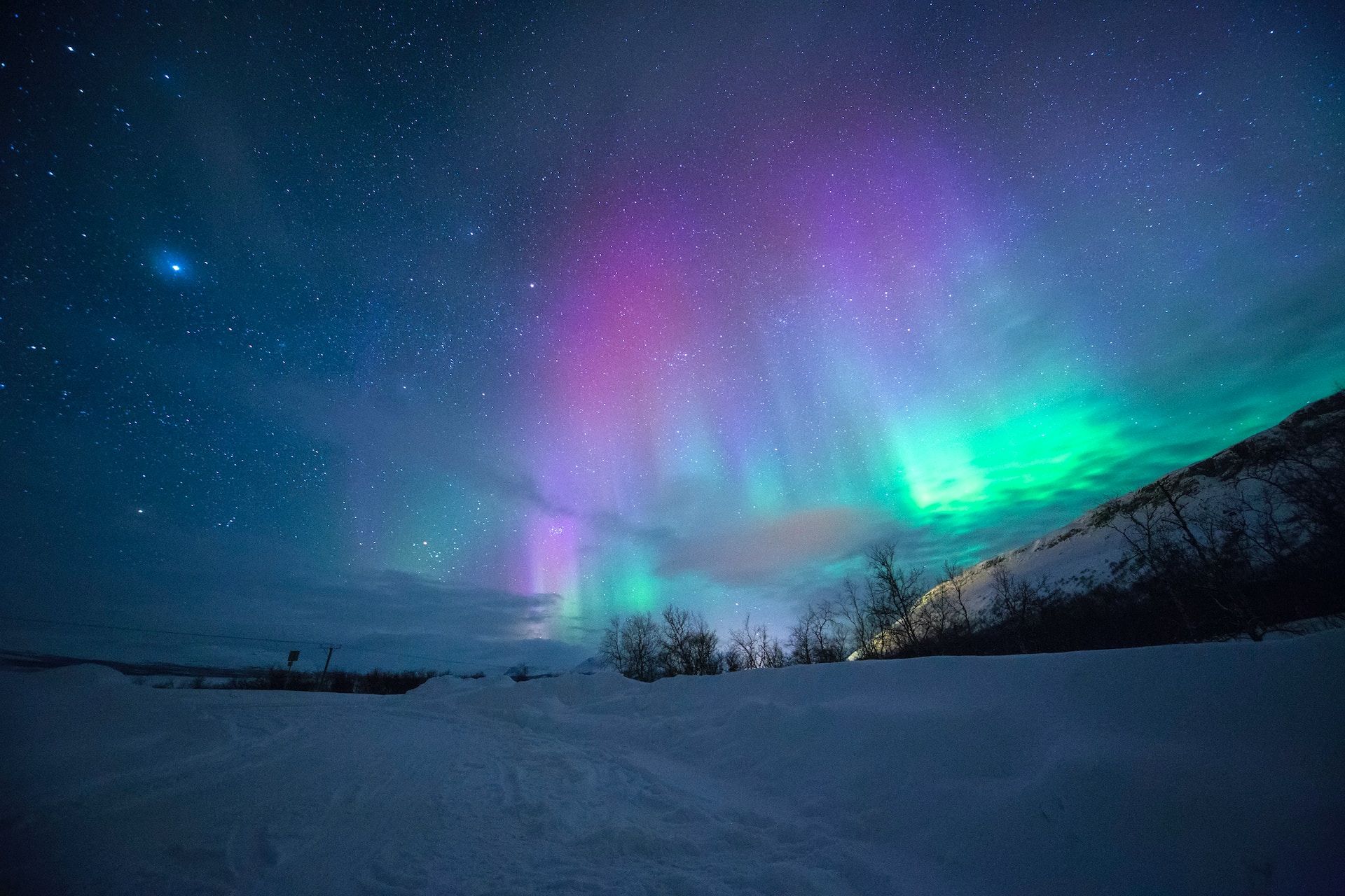 A stunning display of the northern lights in Tromsø, Norway during the winter 