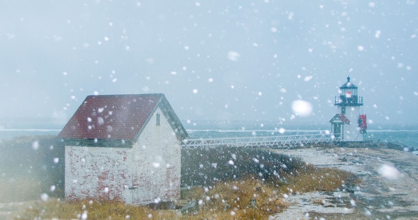 Nantucket in the winter with snow falling