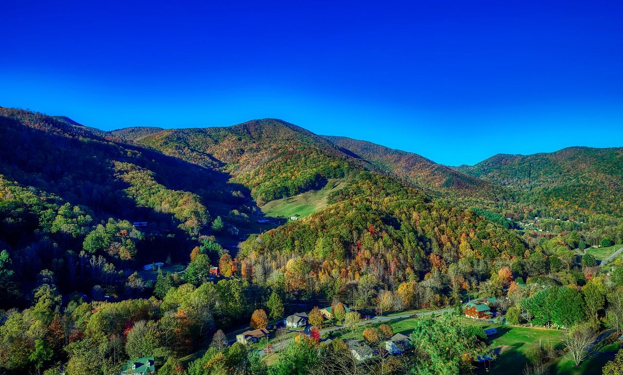Scenic views of fall foliage beginning to emerge in the Maggie Valley area of the North Carolina mountains, USA