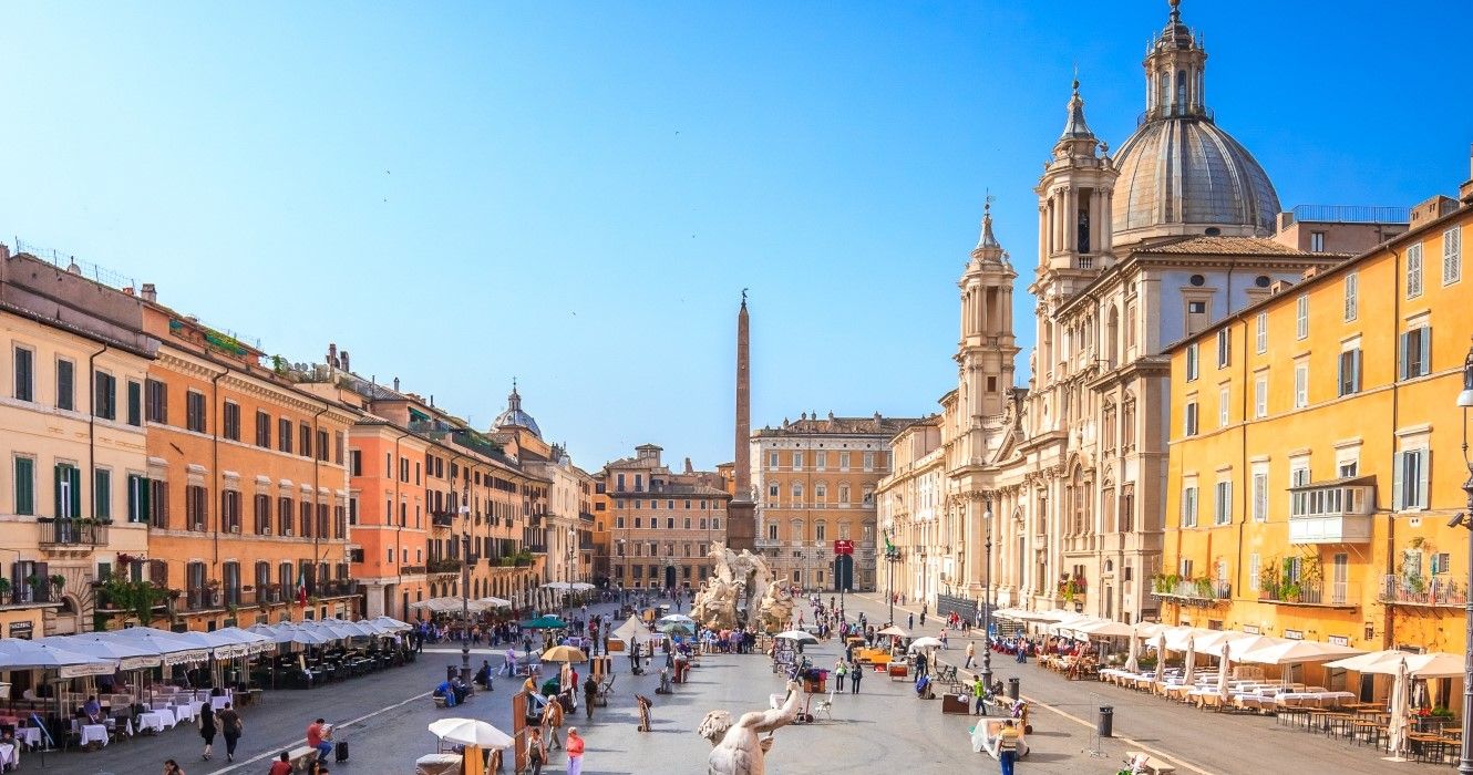 Historic buildings in Piazza Navona, one of the most beautiful squares in Rome, Italy