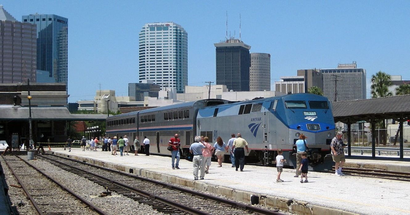 An Amtrak train at the Amtrak Tampa Union Station in Tampa, FL, Florida, USA