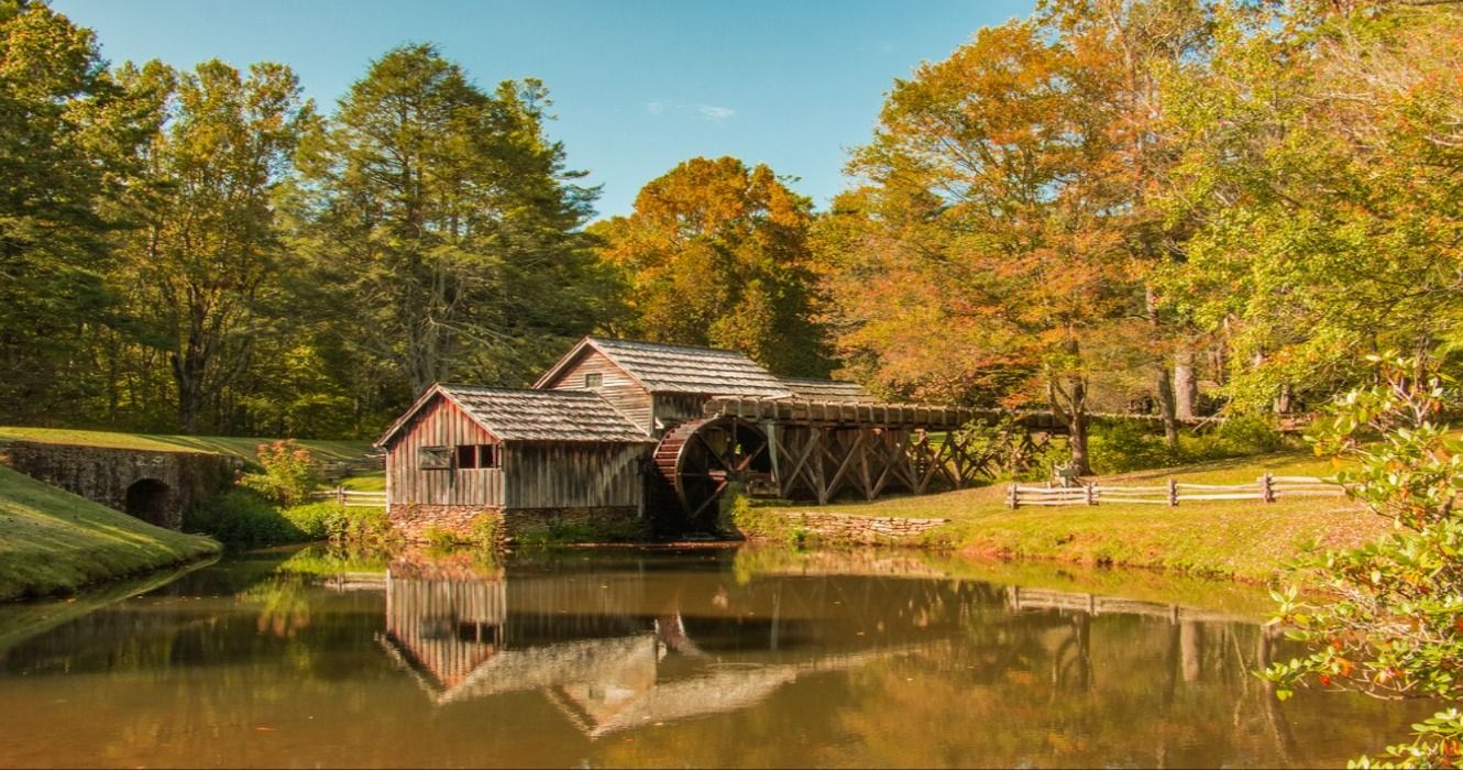Fall foliage in the autumn at Mabry Mill on the Blue Ridge Parkway in the meadows Of Dan, located just 25 minutes from the town of Floyd, Virginia, USA