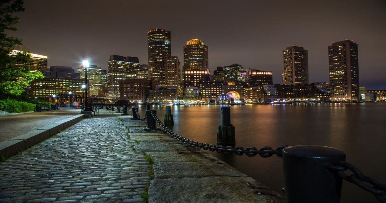 Dark cobbled street by the harbor in Boston, Massachusetts, MA, USA