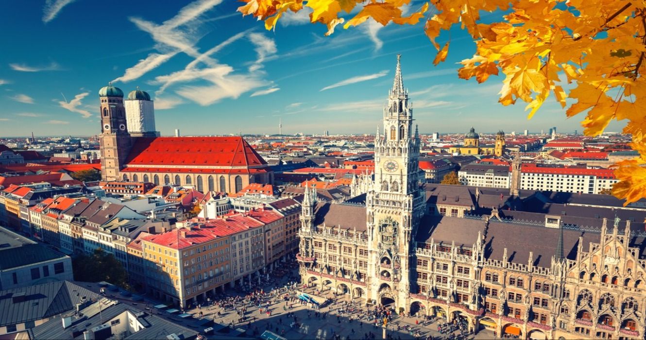 Aerial view of fall foliage in the autumn at Munchen Marienplatz, New Town Hall and Frauenkirche, in Munich, Germany, Europe