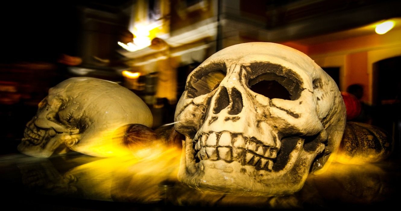 Plastic skulls as Halloween decorations inside a creepy-looking haunted house