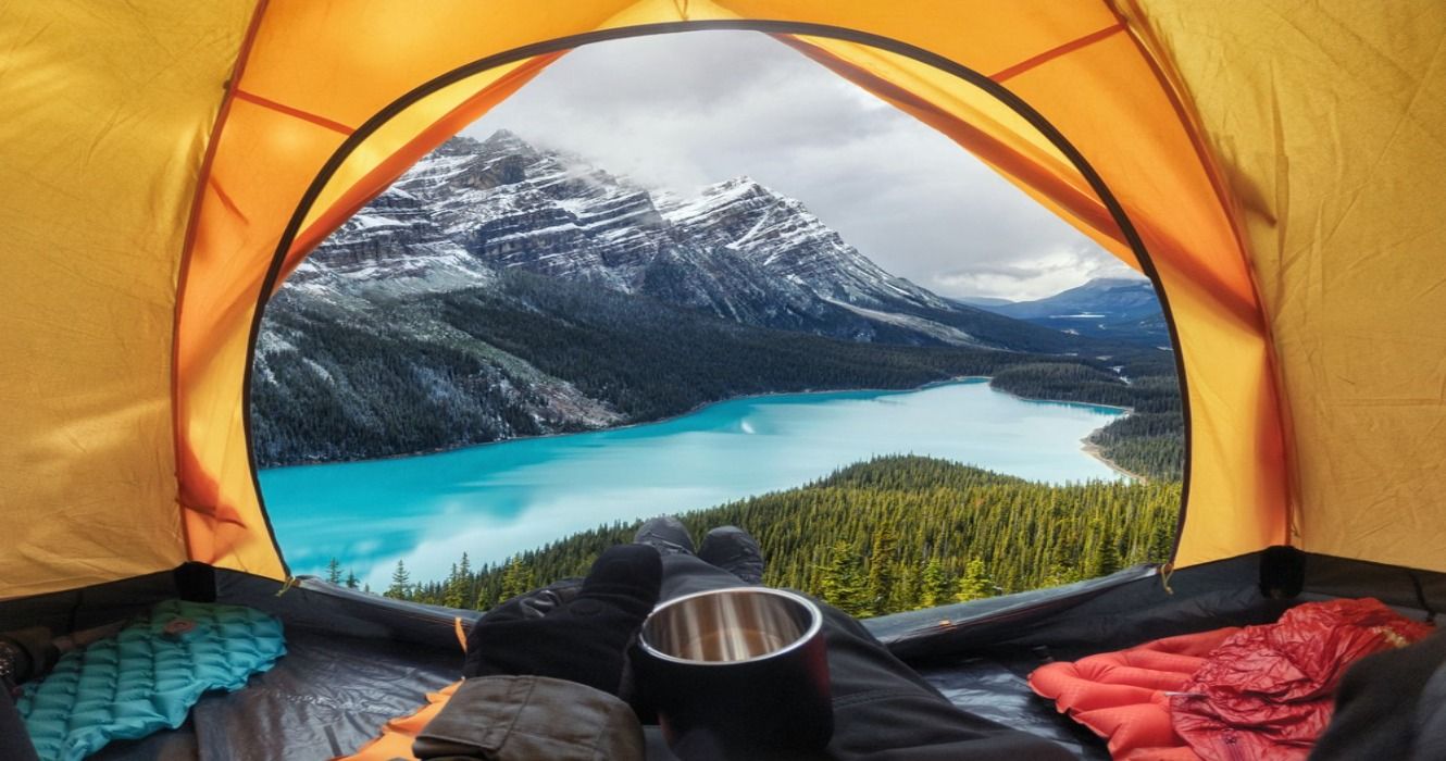 A view from a tent when camping in Banff National Park at Peyto Lake on the Icefields Parkway in Alberta, Canada