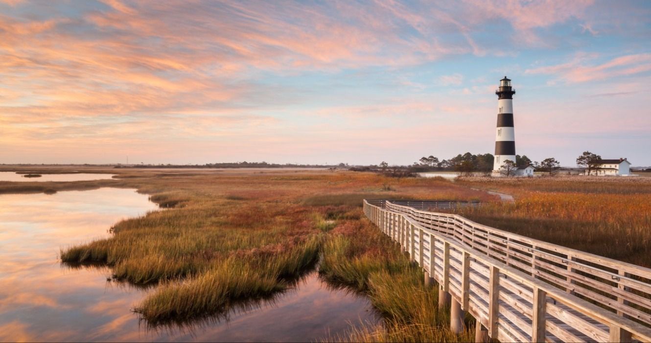 Bodie Island Lighthouse and boardwalk in the fall at Cape Hatteras National Seashore in North Carolina, USA