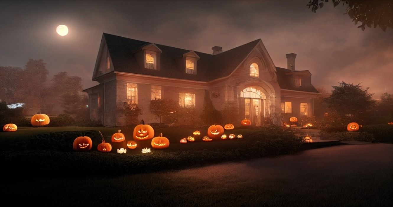 Artisti's concept of a spooky haunted house at night decorated with Halloween pumpkins