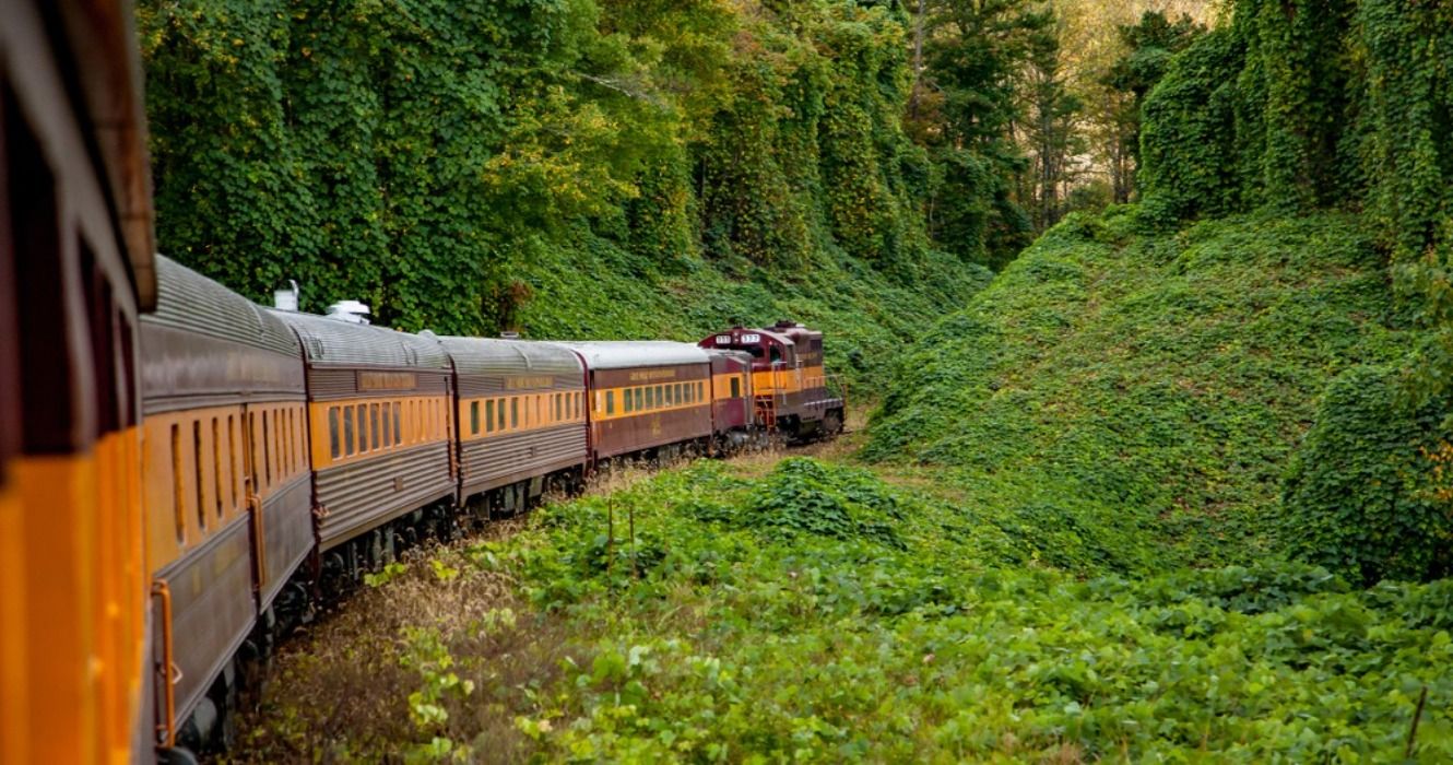 The Great Smoky Mountains Railroad Scenic Train traveling near Great Smoky Mountains National Park, Bryson City, North Carolina, USA