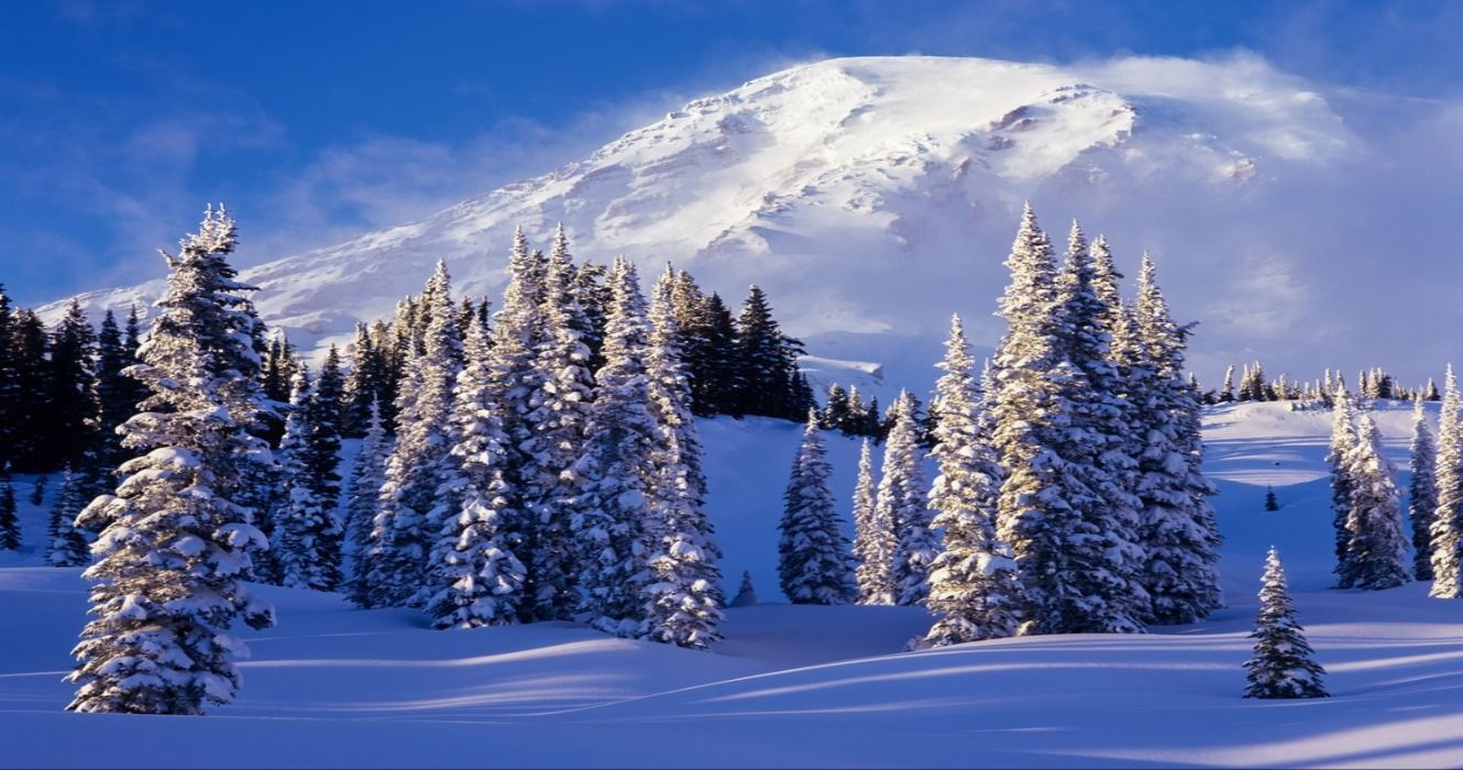 Snow covering Mt. Rainier in the winter in Mount Rainier National Park, Washington State, WA, USA