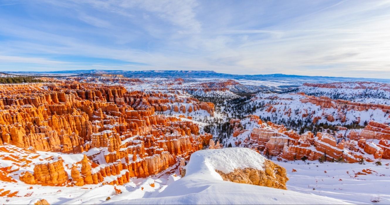 Bryce Canyon National Park at sunrise covered in snow in the winter, Utah, USA