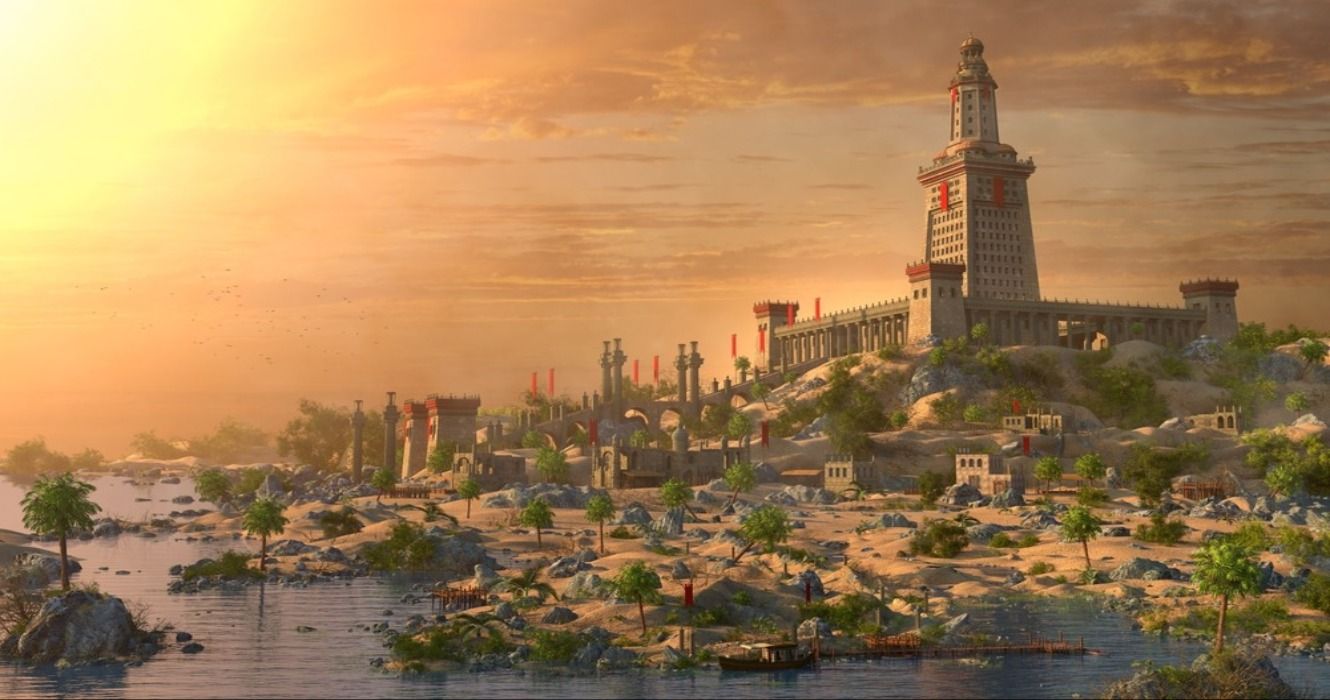 An artist's depiction of the Lighthouse of Alexandria, one of the 7 Wonders of the Ancient World