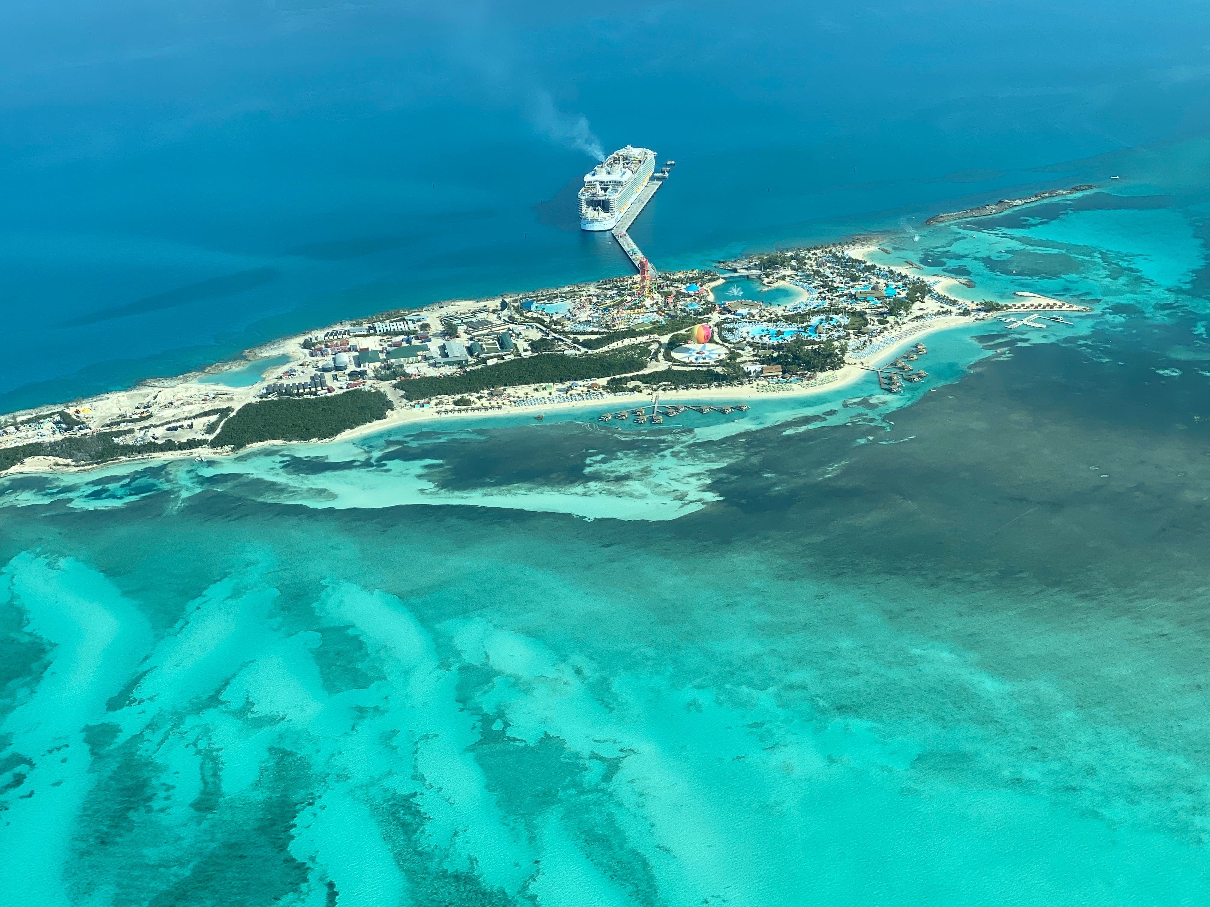 CocoCay island in the Bahamas with a cruise ship docked