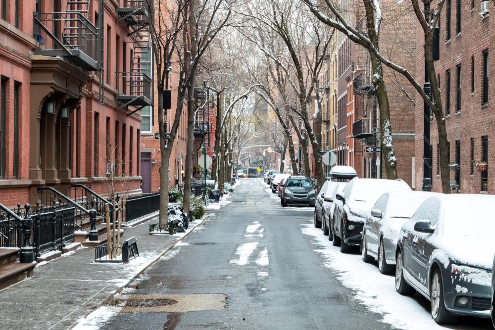 Snow covered Barrow Street in Greenwich Village, Manhattan, New York City