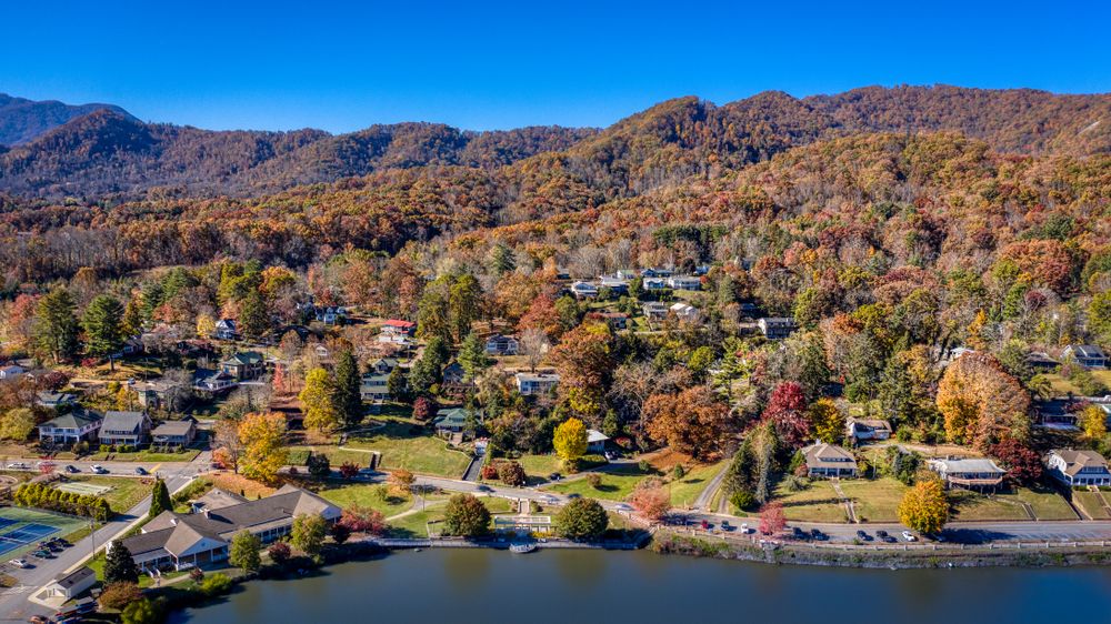 Aerial view of fall foliage in the autumn around Lake Junaluska, North Carolina, USA