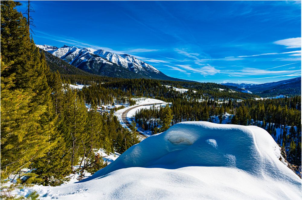 Snowy mountains and green forests in the winter in Ketchum, Idaho, USA