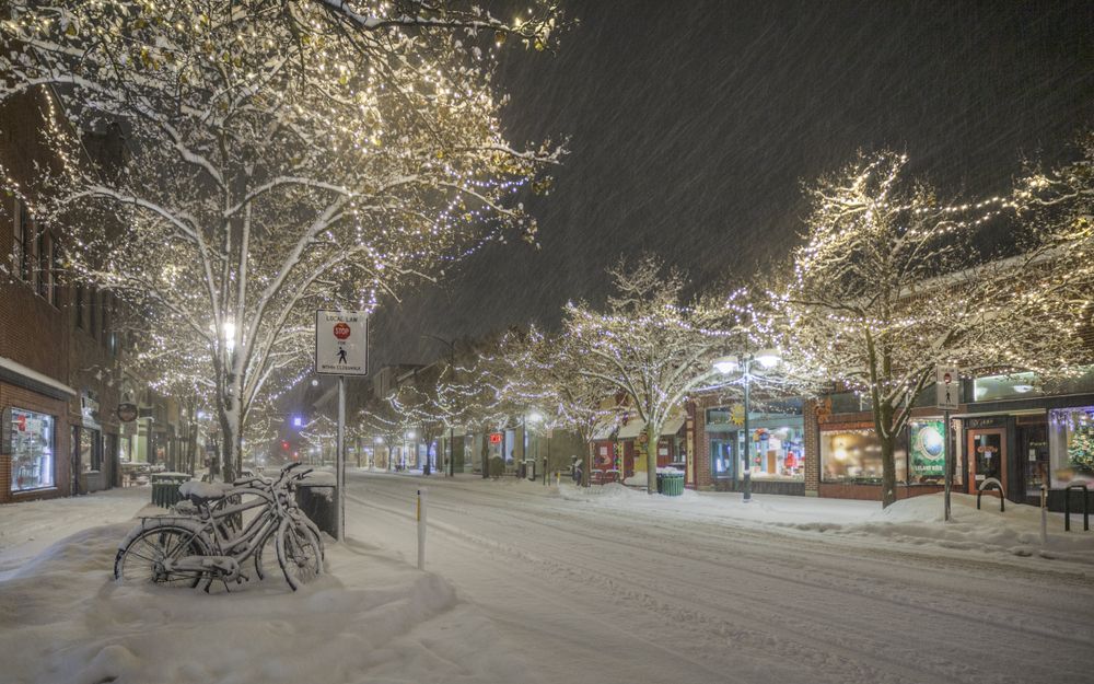 Downtown Traverse City covered in snow in the winter, Michigan, USA