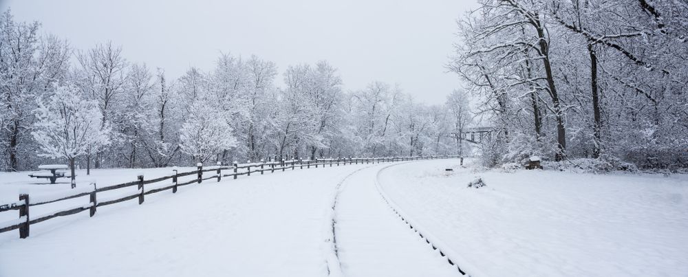 Snow covered train rails in Galena, Illinois, USA