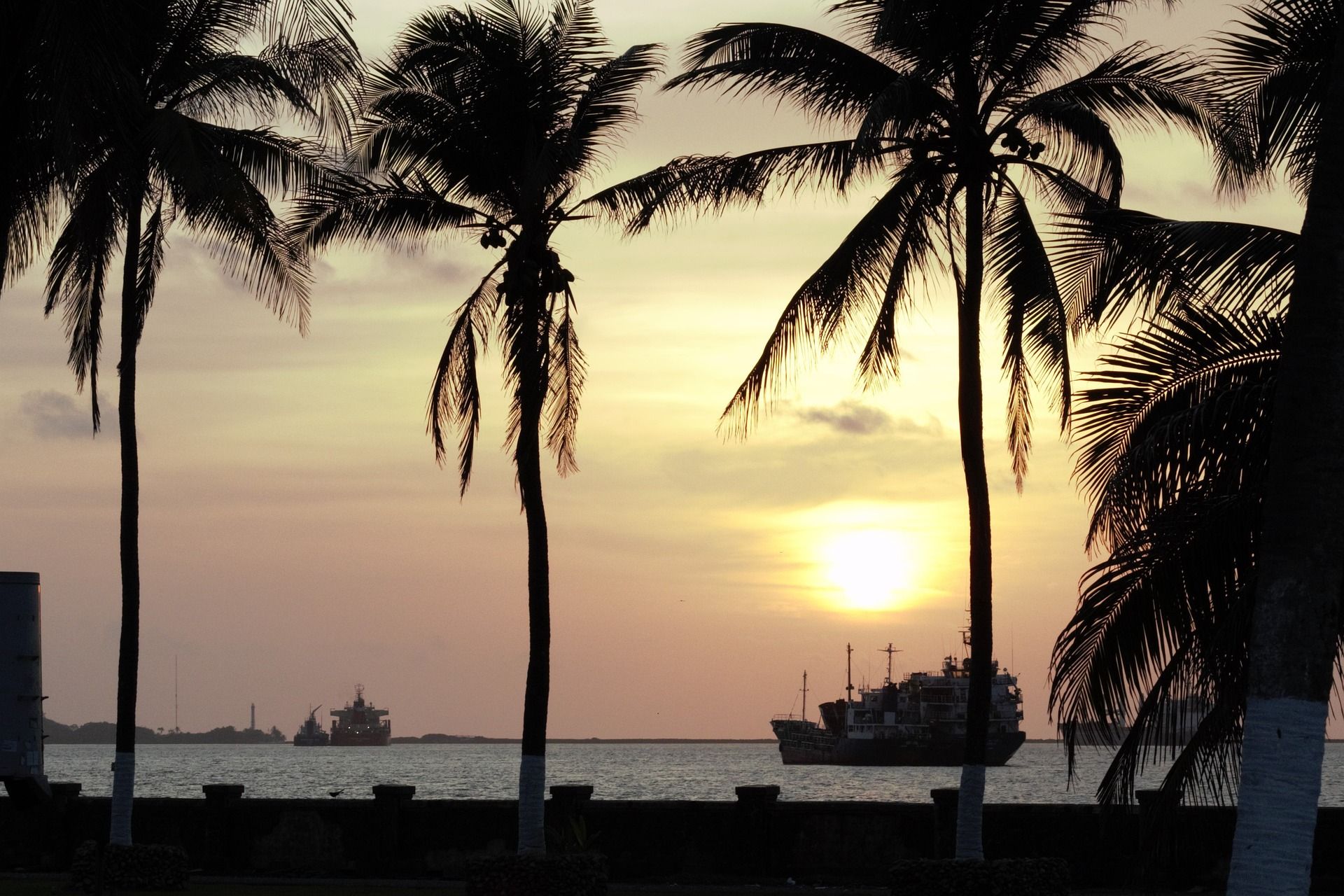 Silhouette of palm trees with a boat in the water at sunset in the background
