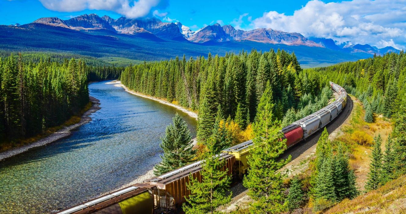 Train along the Bow River in Banff National Park