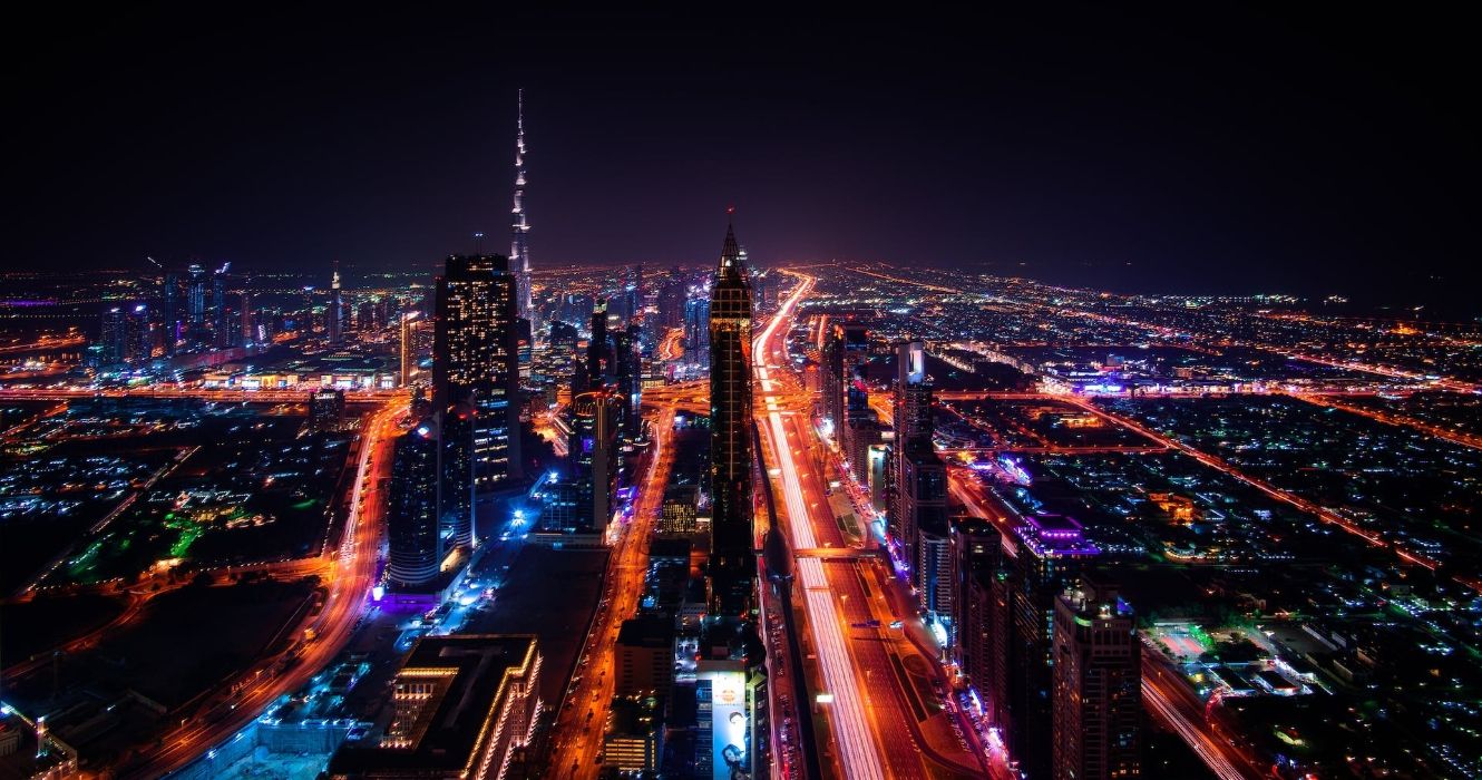 Aerial view of Dubai at nighttime