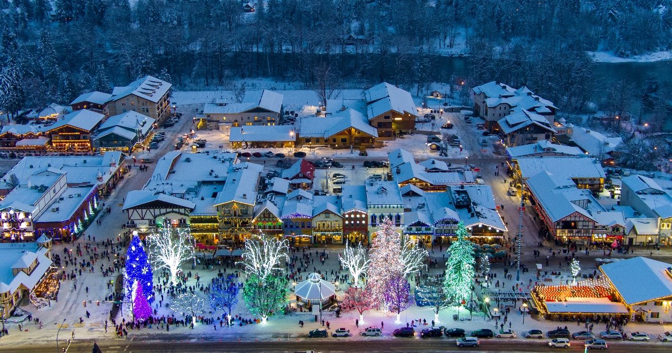 Aerial view of Leavenworth Washington at Christmas time