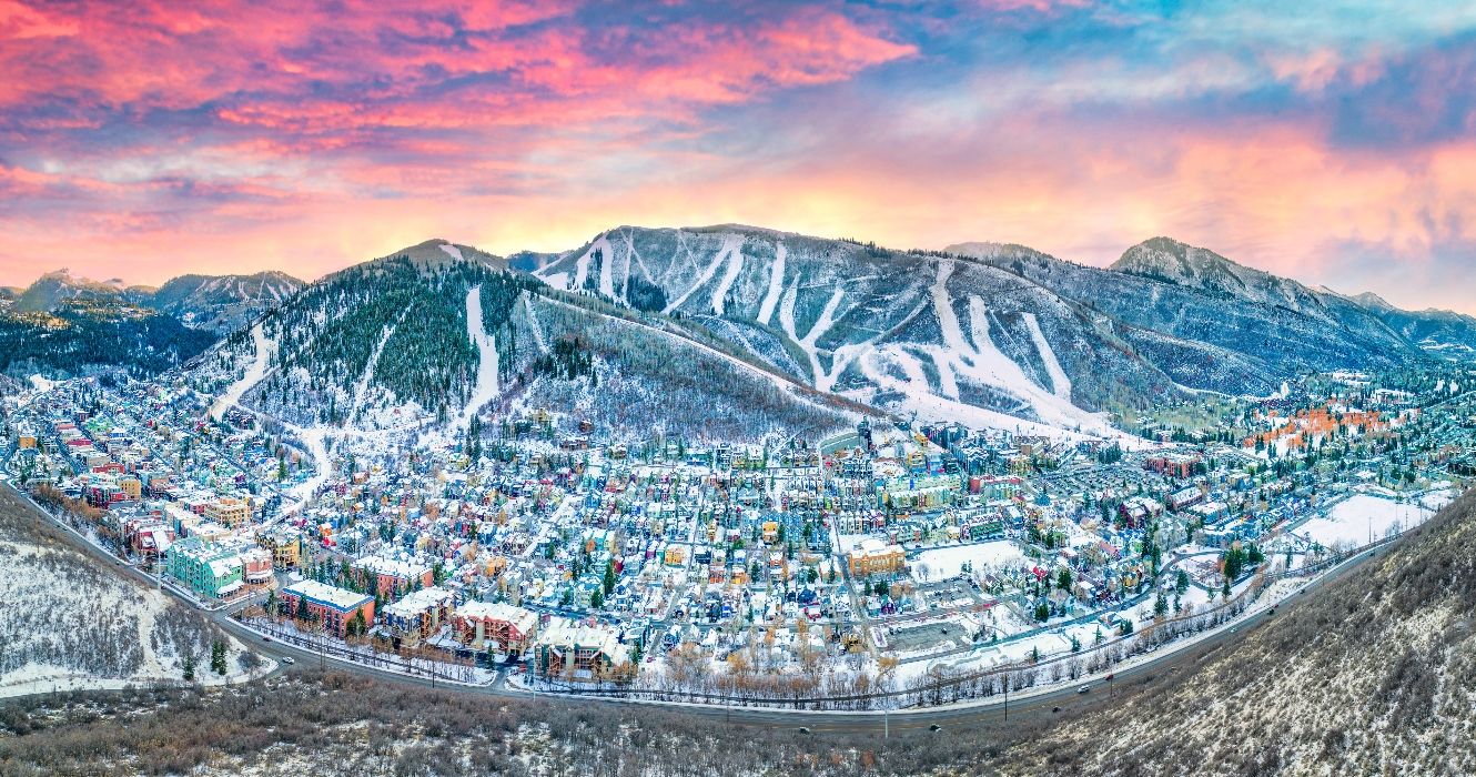 Aerial view of Park City Utah including snow covered mountains