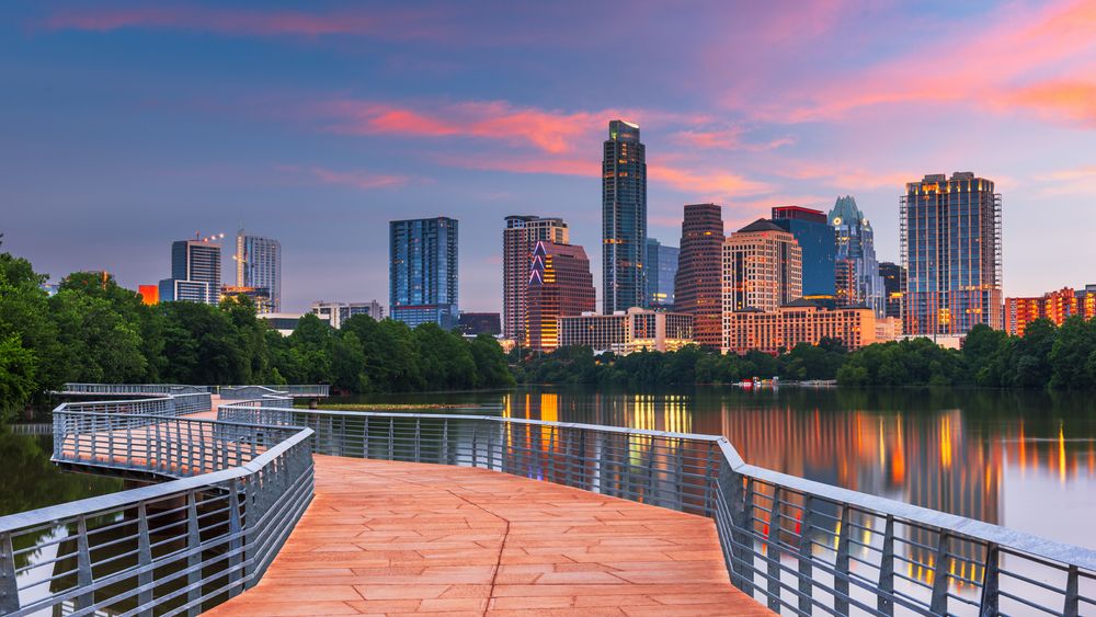 Austin, Texas skyline over the Colorado River at dawn