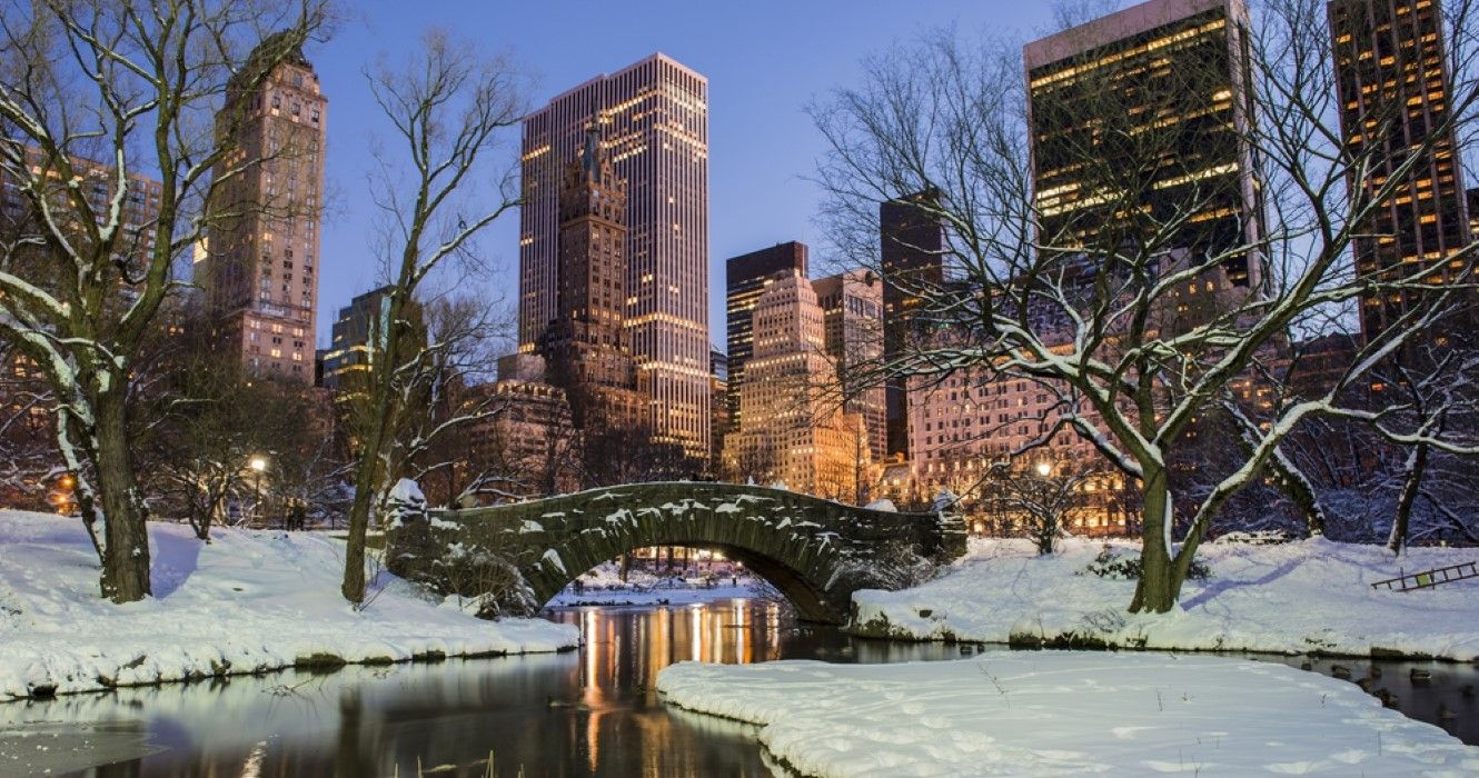 Central Park in winter with snow, Gapstow bridge, New York City