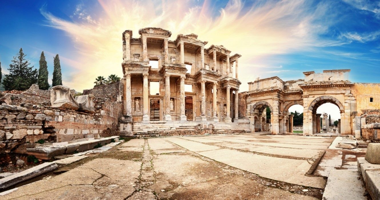 Panorama of the ancient library of Celsus in Ephesus, Turkey