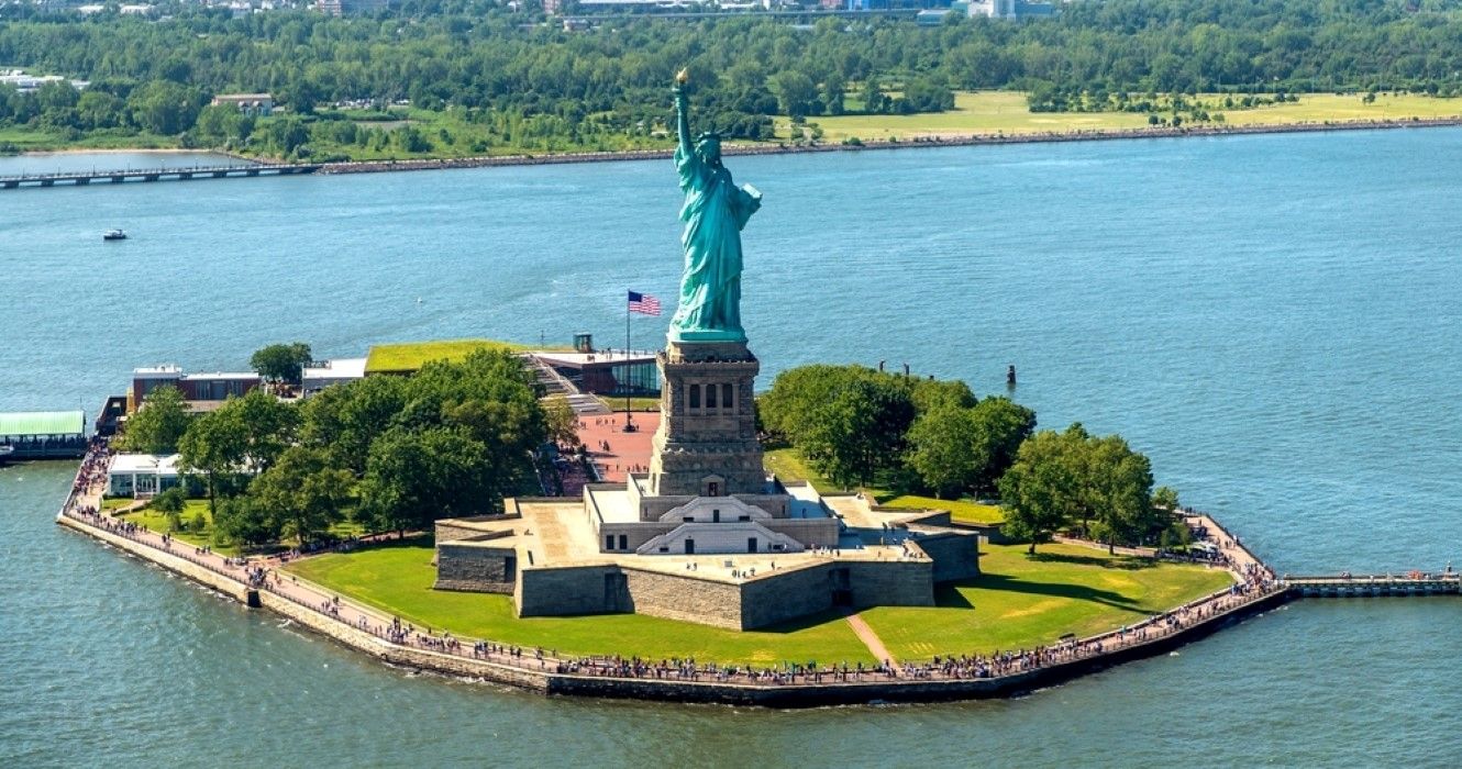 Panoramic aerial view Statue of Liberty in New York City