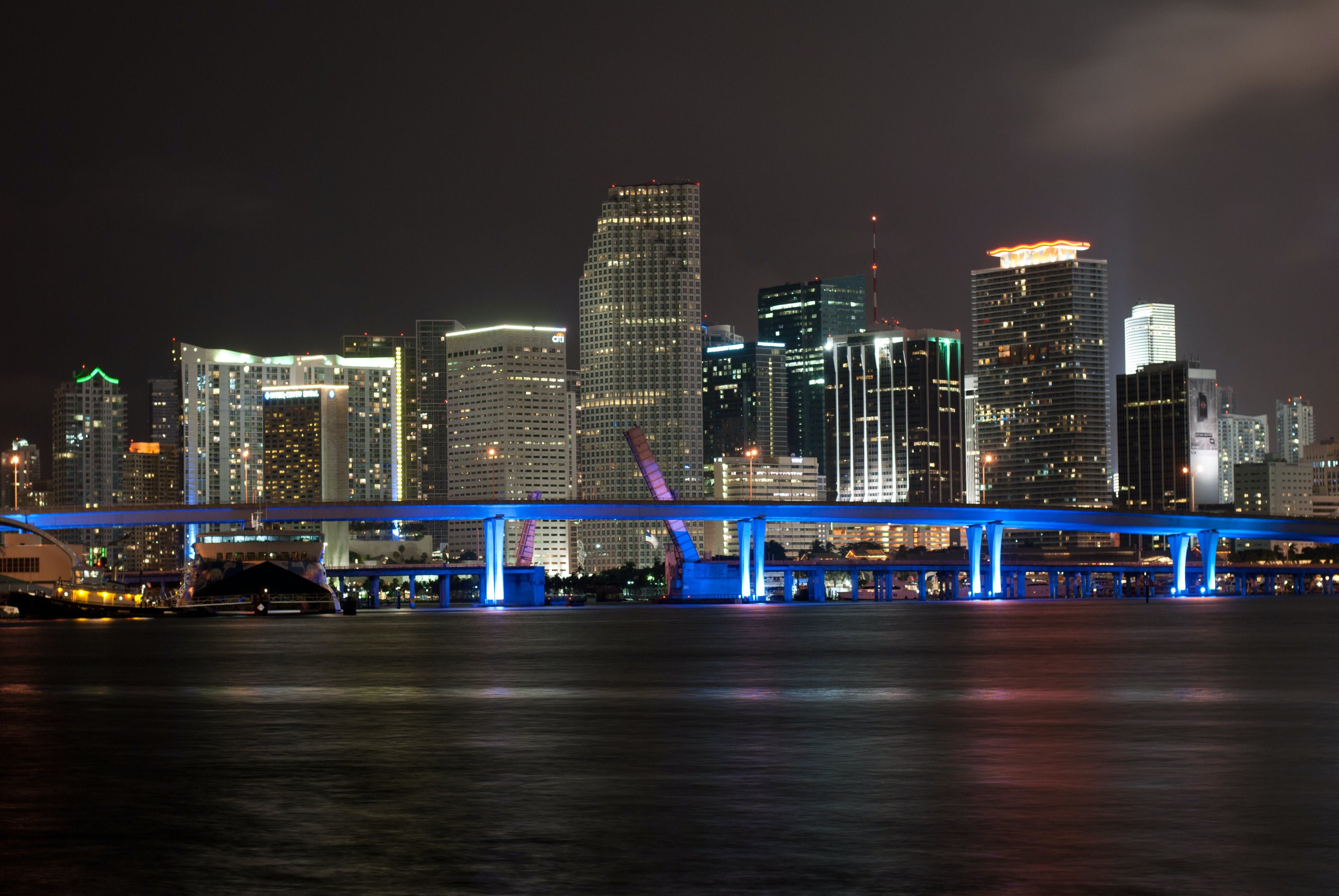 Beautiful high rise buildings at nighttime in Miami, Florida