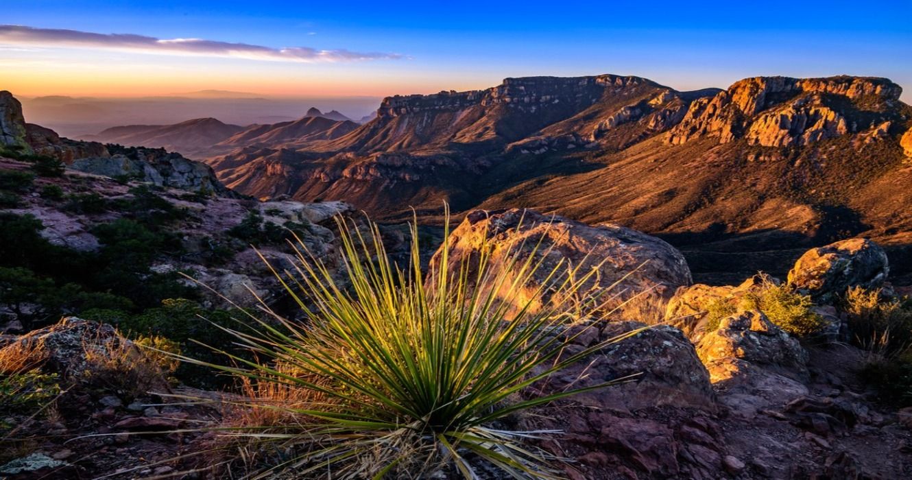 Sunrise views at the mountain summit of the Lost Mine Trail in Big Bend National Park, TX, Texas, USA