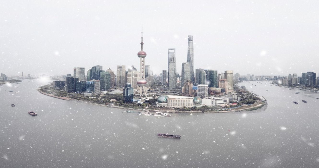 Cityscape of winter in Shanghai, China, as snow falls