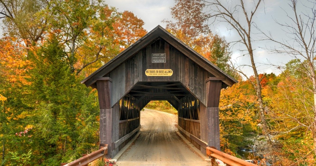 Rural Vermont Covered Bridge by the name of Gold Brook in Stowe, Vermont