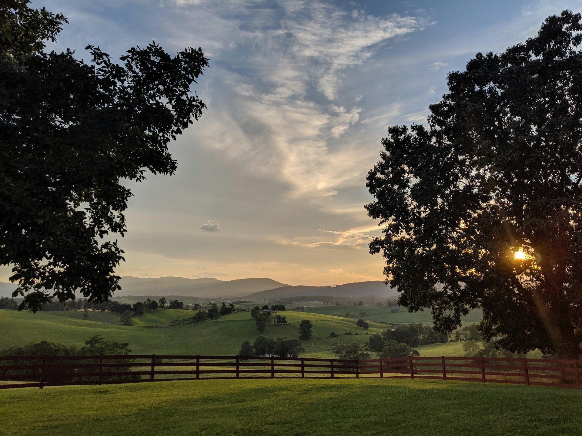 Lush green rolling pastures against a Blue Ridge Mountains backdrop in Virginia