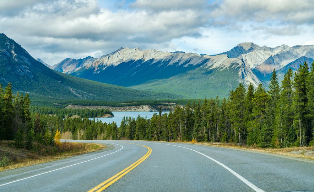 Alberta Highway 11 (David Thompson Hwy) along Abraham Lake shore in Jasper National Park, Alberta, Canada