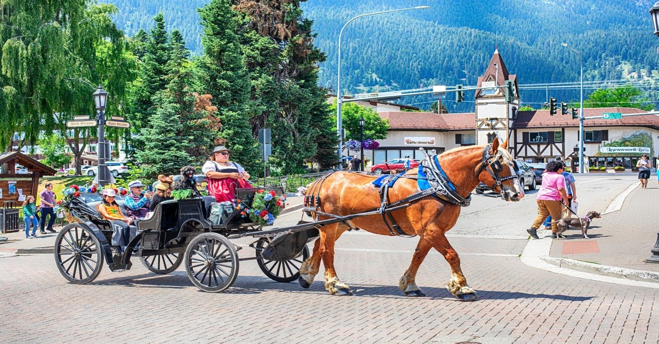 Horse-drawn carriage in downtown Leavenworth, Washington, WA, USA