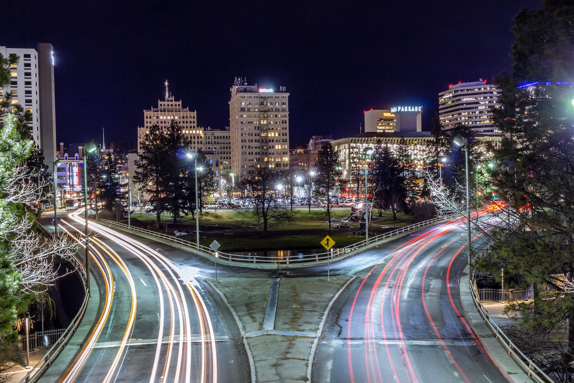 A long exposure photo of Spokane at night.