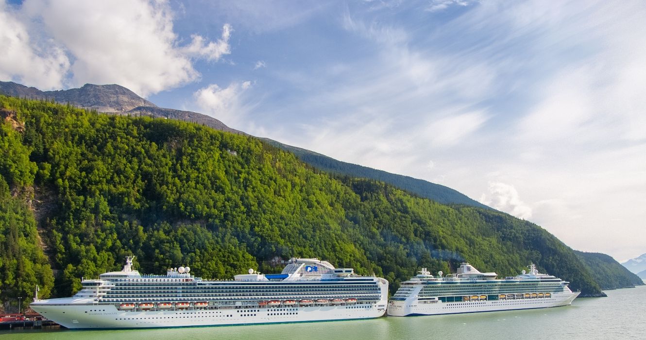 Two cruise ships docked in Skagway Alaska