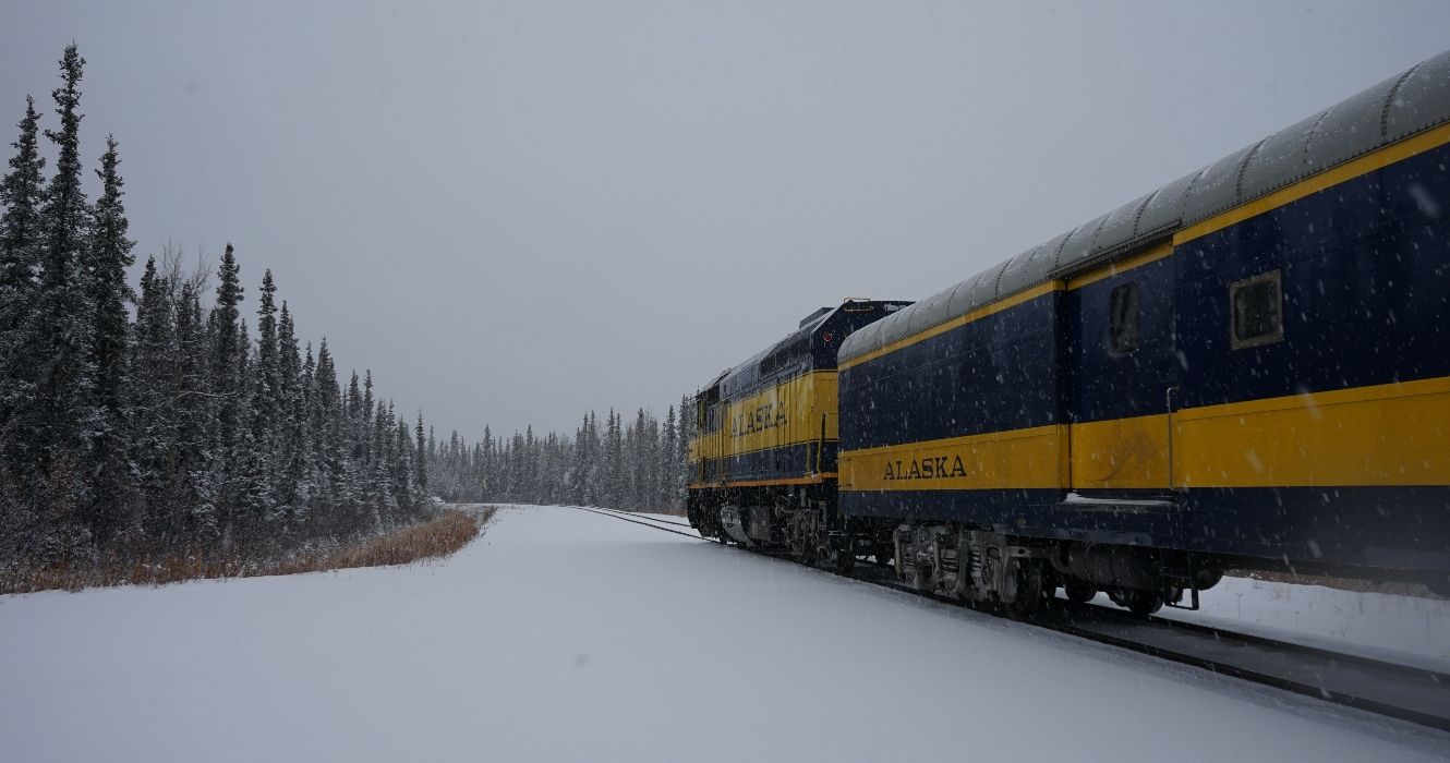 View of Aurora Winter train at Denali State Park station, Alaska