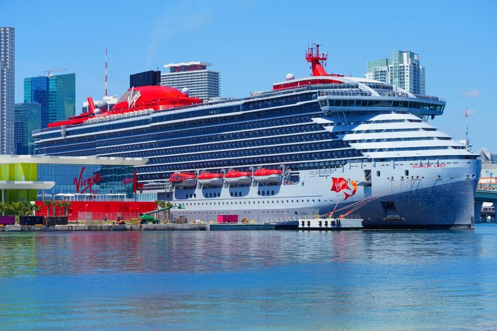 View of the Scarlet Lady cruise ship by Virgin Voyages at Port Miami in Florida