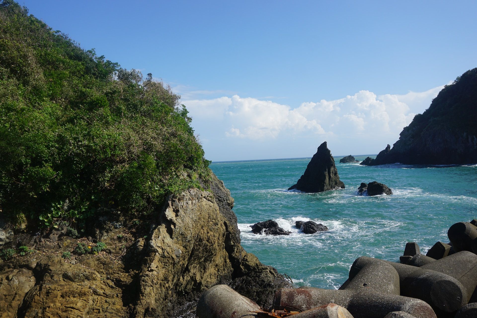 Blue sky, turquoise water and rock formations in Kamogawa, Chiba Prefecture