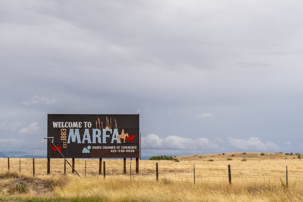 Welcome to Marfa Est. 1883 sign on the side of the road on US 90, Marfa, Texas