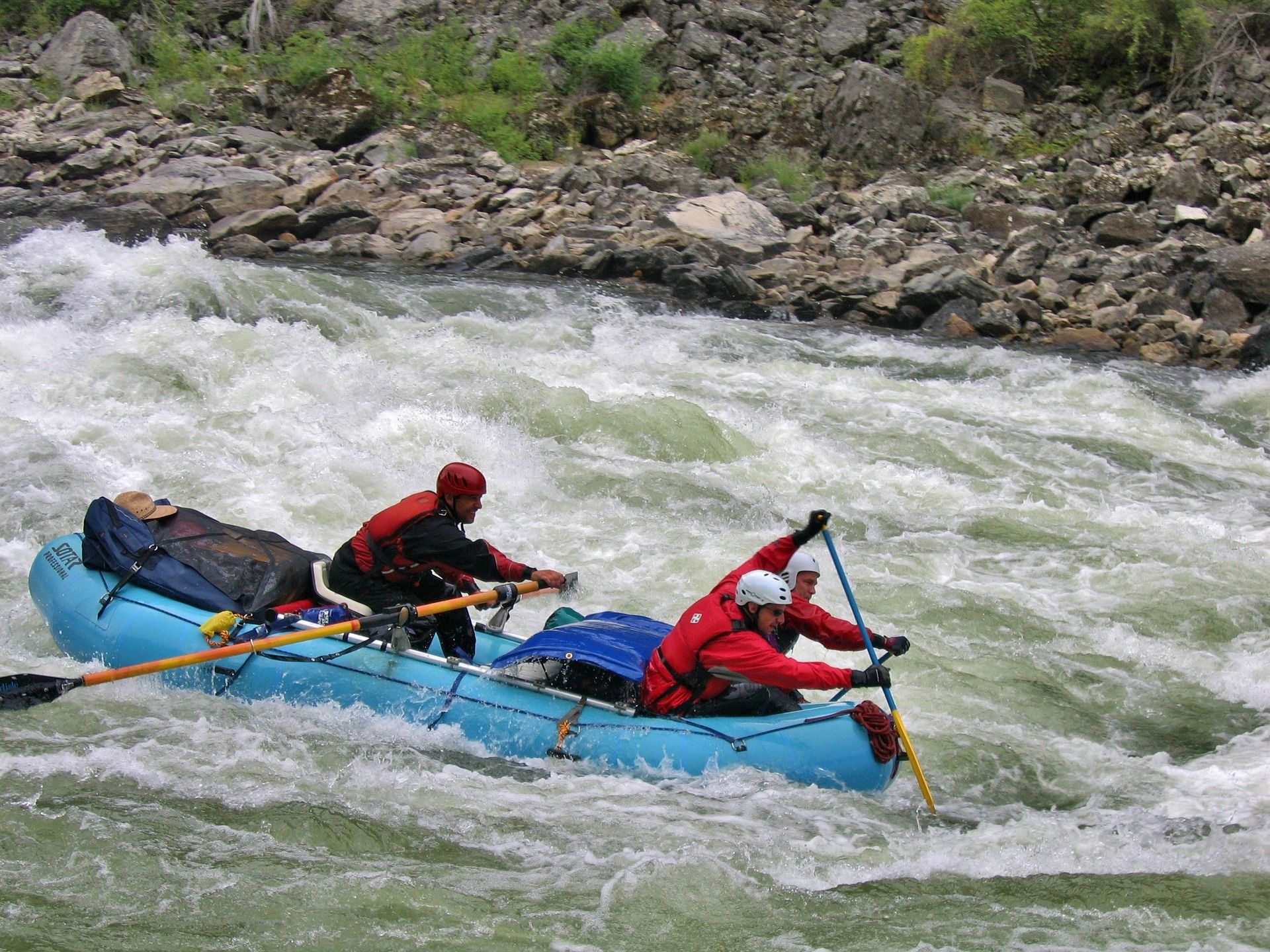A group goes white water rafting in the Snake River in Jackson, Wyoming