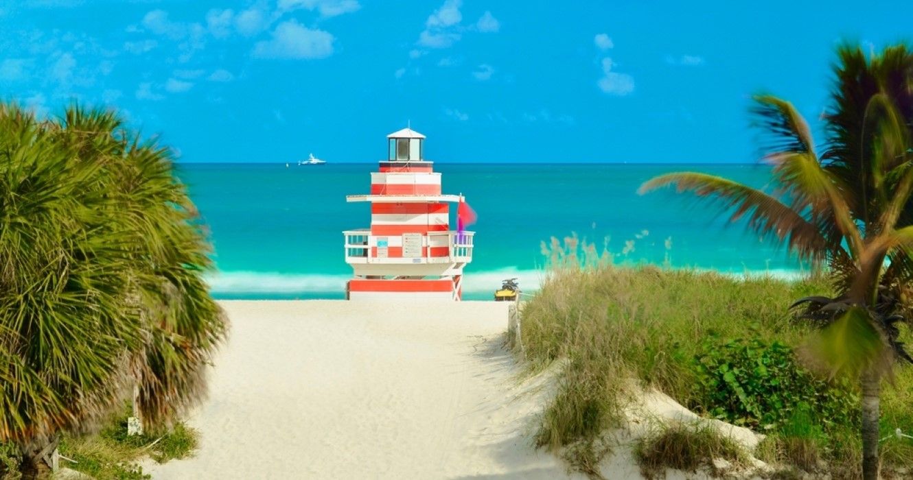 A view of the turquoise ocean and white sands at Miami South Beach, Miami, Florida, FL, USA