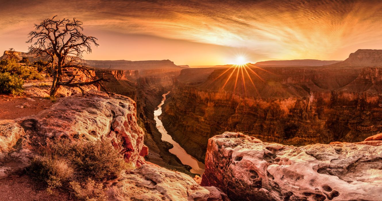 A view of the Grand Canyon at sunrise or sunset in Arizona, AZ, USA